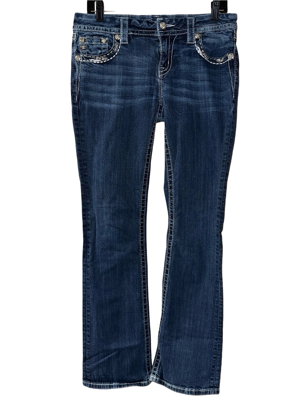 Miss Me Mid Rise Easy Boot Dark Embellished Back Pockets Jeans Wings women’s 28 - Picture 7 of 16